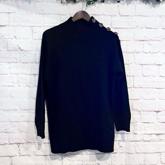 Anthropologie Women's Size Small Button Mock Neck Black Cozy Sweater Casual - Picture 2 of 13